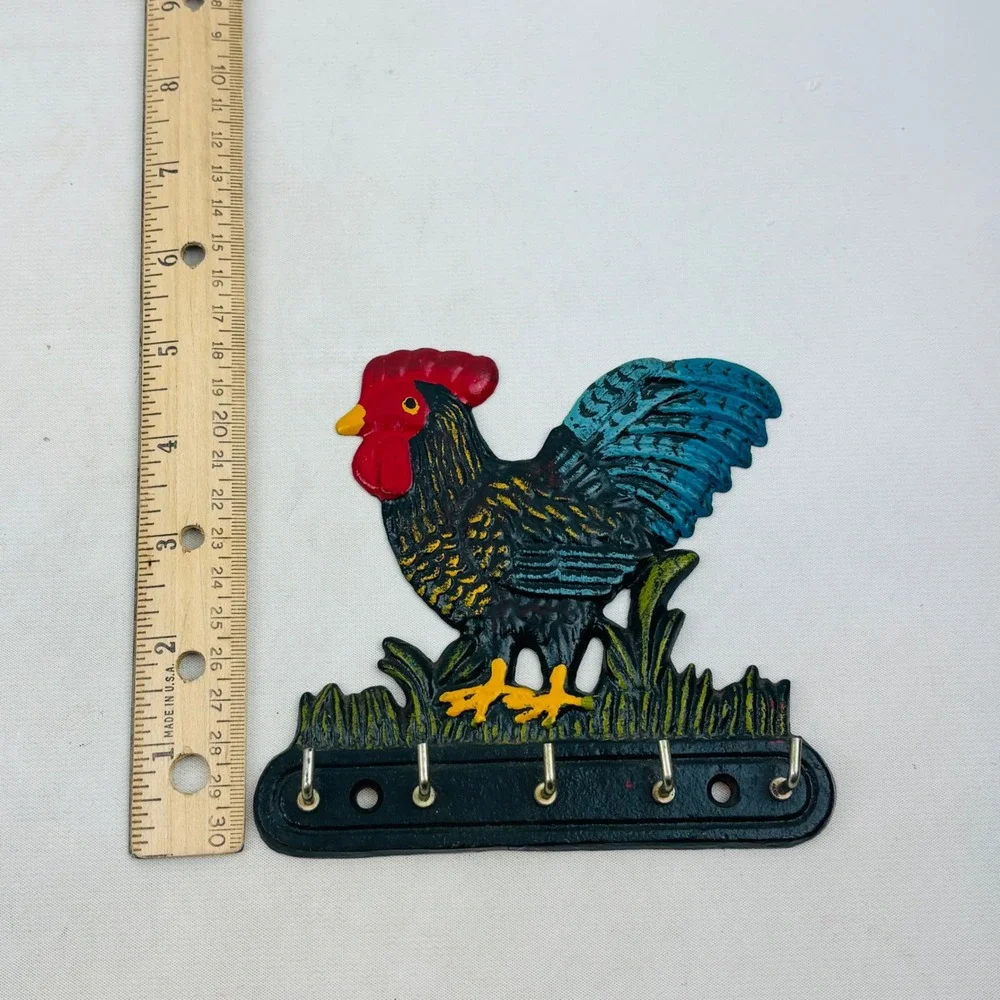 Vintage Cast Iron Rooster Chicken Key Rack Wall Mount 5 Hook Farmhouse Country